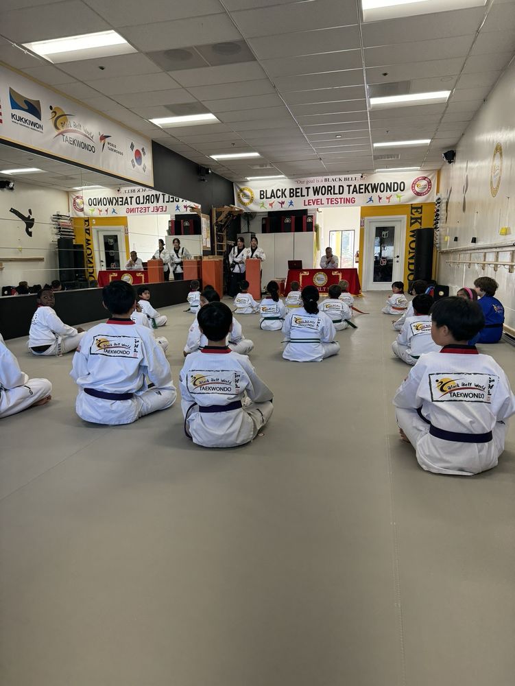 Black Belt World Leadership students at a level-test ceremony with masters