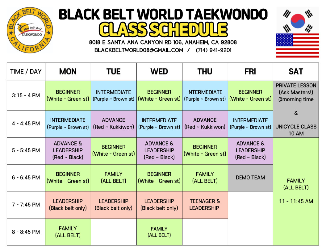 Black Belt World Taekwondo class schedule, color-coded by belt level, Monday through Saturday. Programs include Beginner (White to Green), Intermediate (Purple to Brown), Advance (Red, Kukkiwon), Leadership (Black Belt only), Family (all belts), Demo Team, and Unicycle Class on Saturday