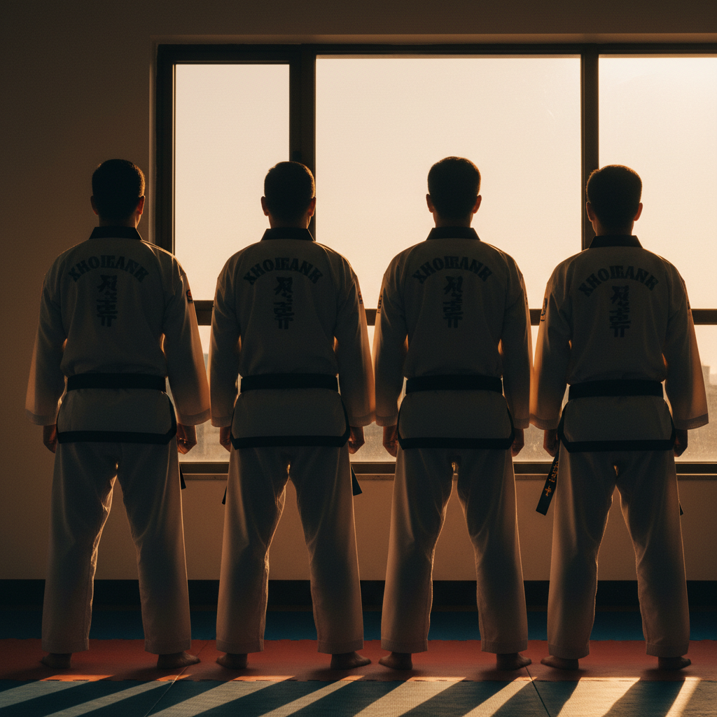 Four taekwondo masters in dobok, silhouetted against warm sunset window